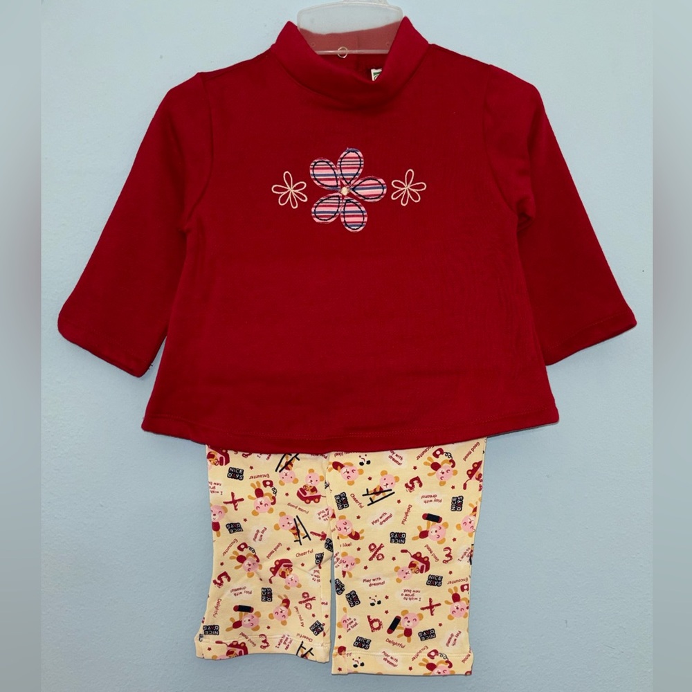 🟣 NWT Girl's Two-Piece Cotton Red Long-Sleeve Top and Patterned Pants Set
